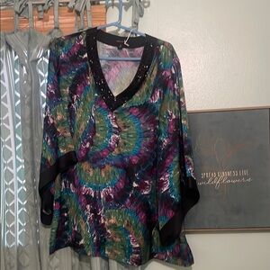 Dana buchman Women’s V-Neck Multicolor Tie-Dye Blouse with Black Trim